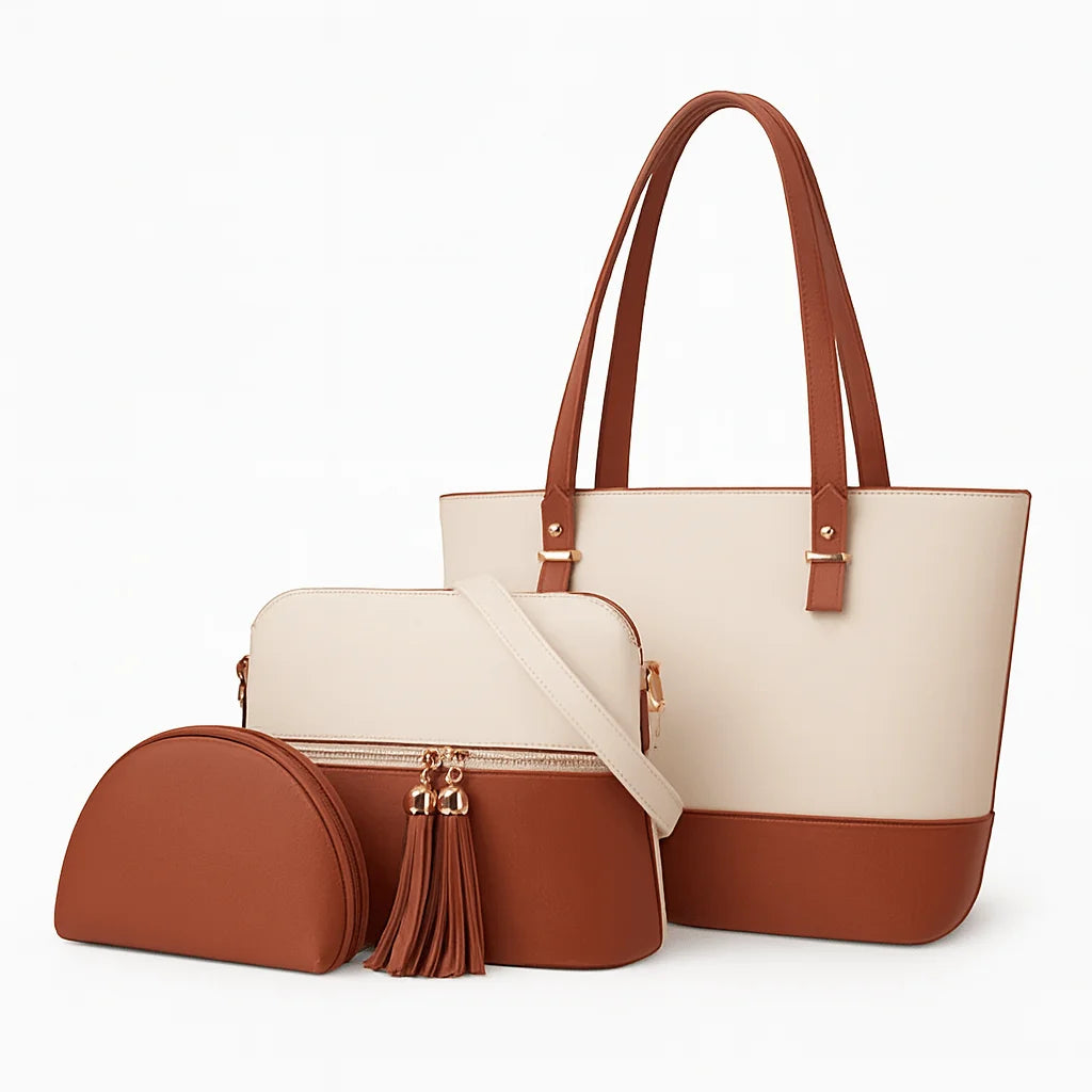 Brown and Cream 3 Piece Handbag