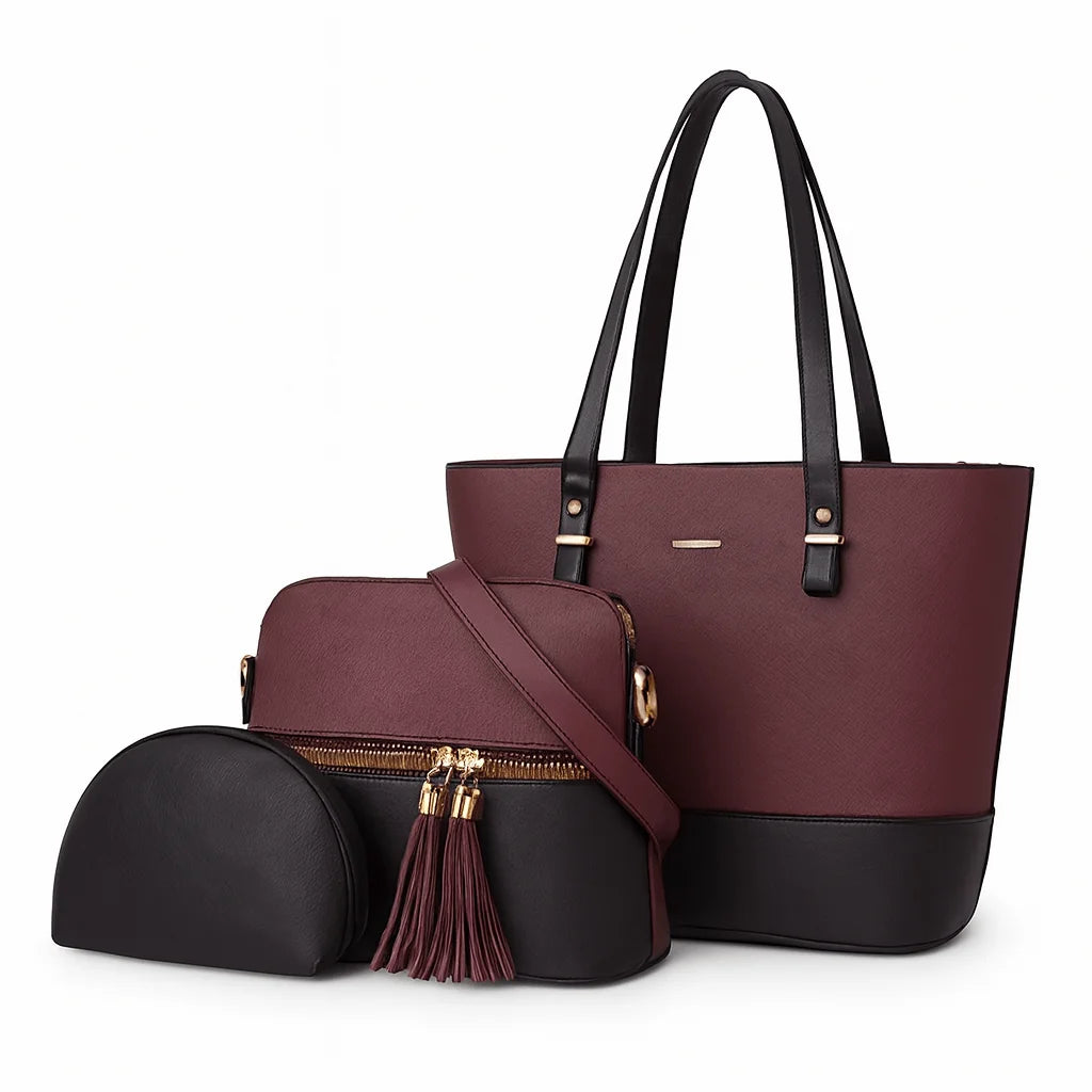 Maroon and Black 3 Piece Handbag