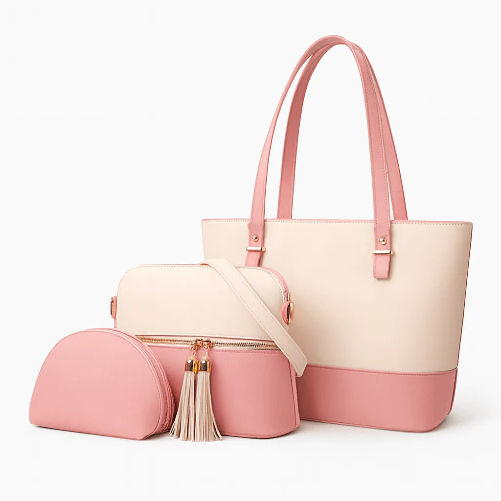 White and Pink 3 Piece Handbag