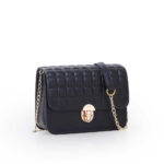 Front view of the Boxer Box handbag with dual zippers and gold chain strap.