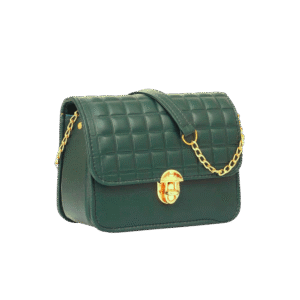 Front view of green faux leather handbag with chain strap - Boxer Box by Saadia Glam