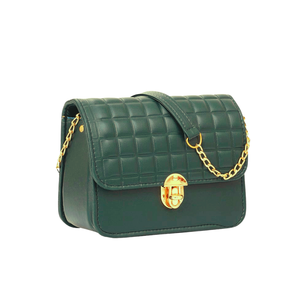 Front view of green faux leather handbag with chain strap - Boxer Box by Saadia Glam