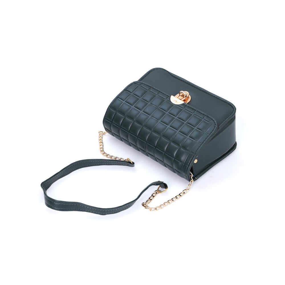Stylish side angle of green faux leather handbag with dual zippers