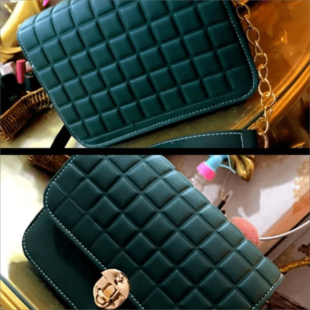 Green handbag with long strap and gold chain detailing – Boxer Box